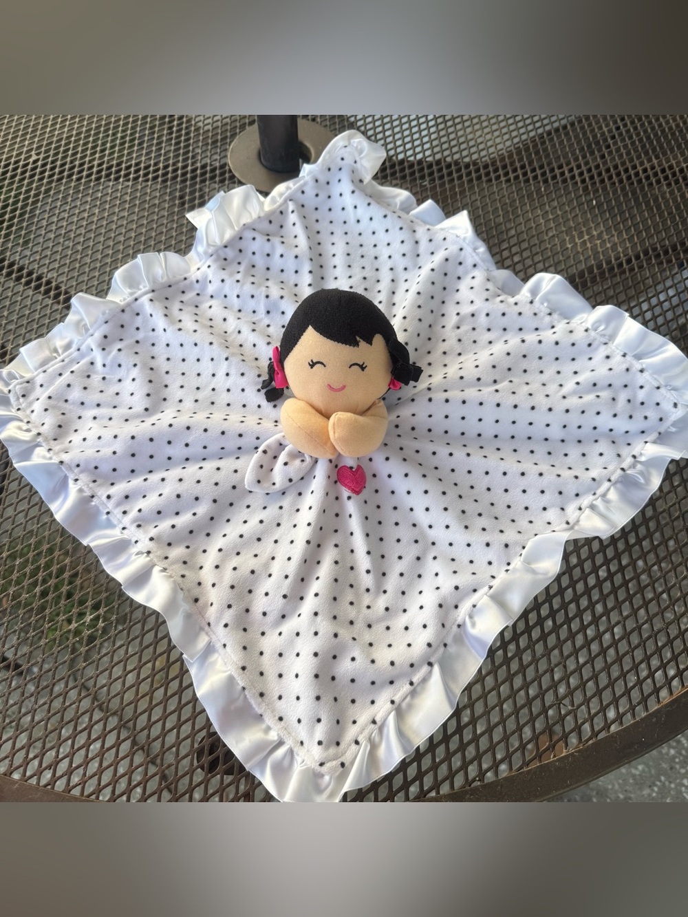Carters Baby Doll Security Blanket White Black Polka Dots Hair Pink Heart